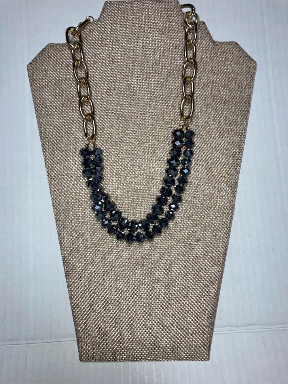 Gold-Tone Chain Necklace with Dark Blue Faceted Beads - Women Jewelry
